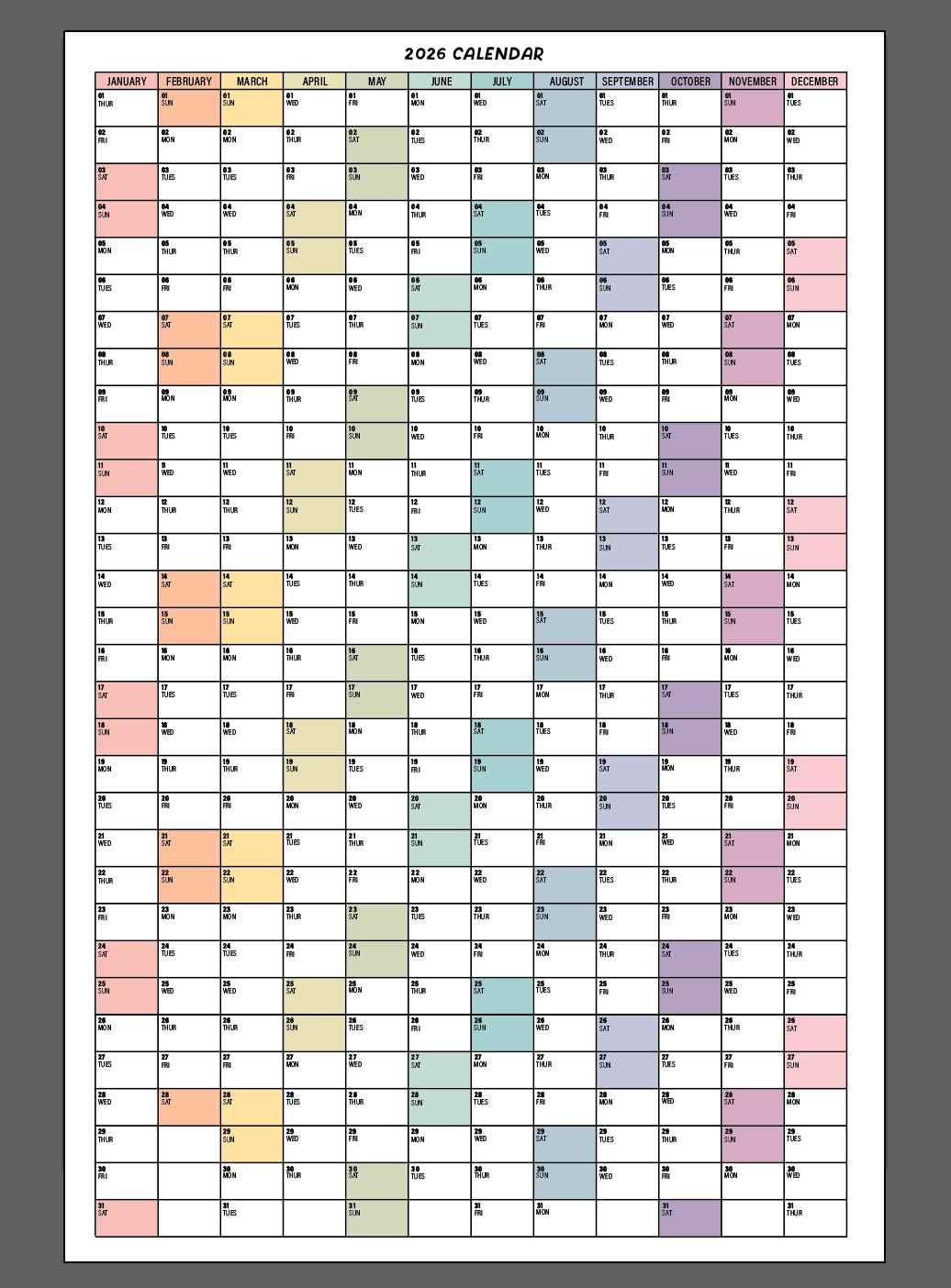 2026 One Page Calendar