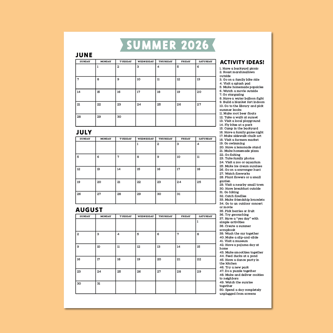 2026 Summer Calendar