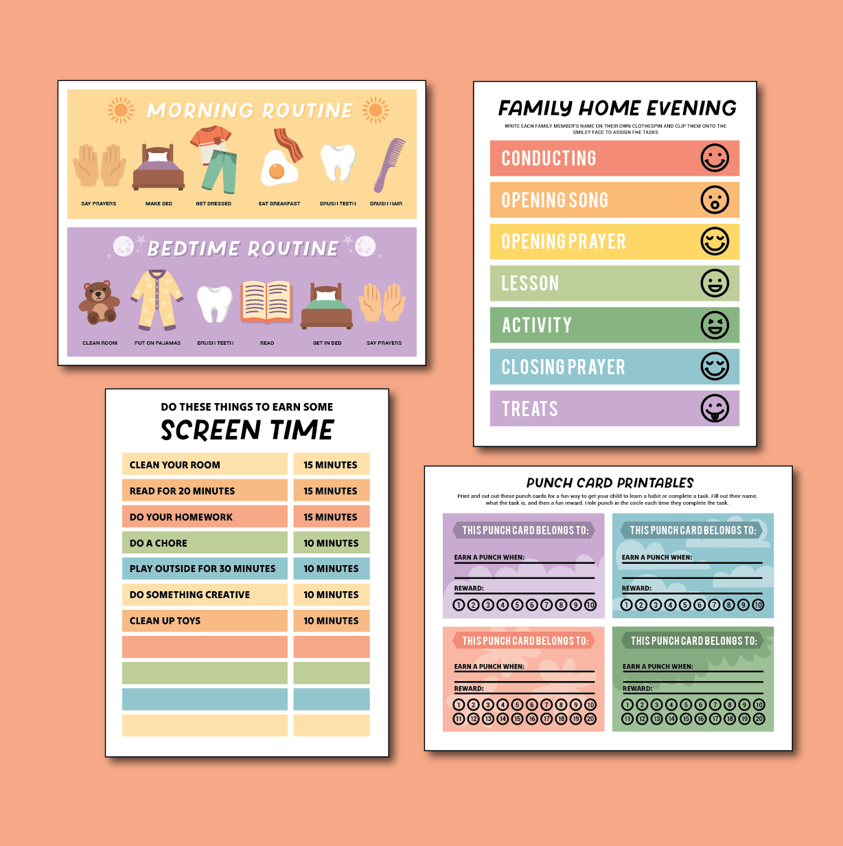 Bedtime Routine, Screen Time, Punch Cards, FHE Schedule