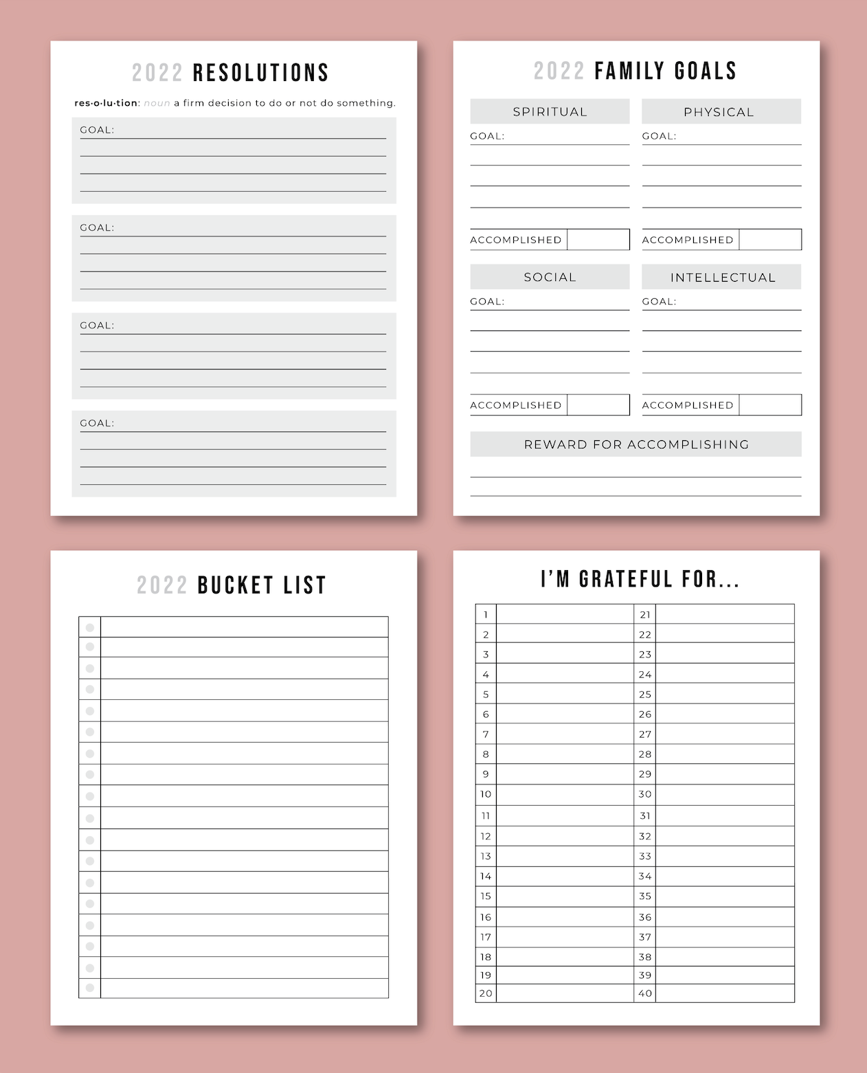2022 New Years Resolution Sheets